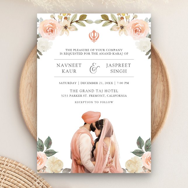Soft Peach Floral Anand Karaj Indian Sikh Wedding Invitation (Creator Uploaded)