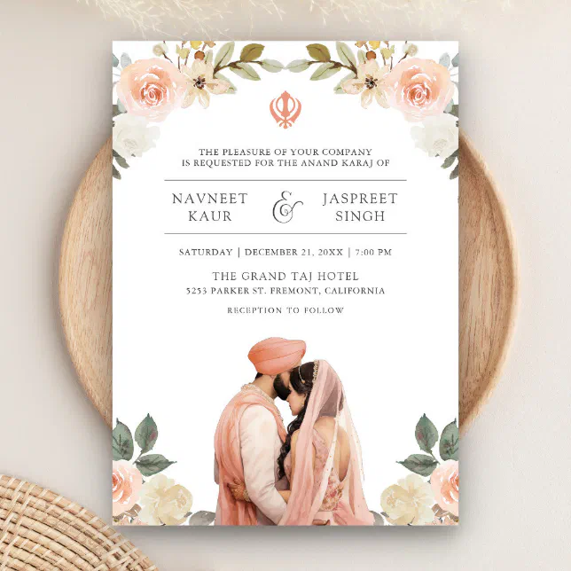 Soft Peach Floral Anand Karaj Indian Sikh Wedding Invitation | Zazzle