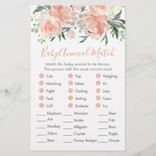 Soft Peach Floral Baby Shower Animal Match Game