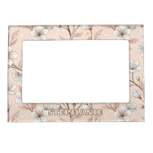 Soft Peach Floral Branch with White Blooms Magnetic Frame