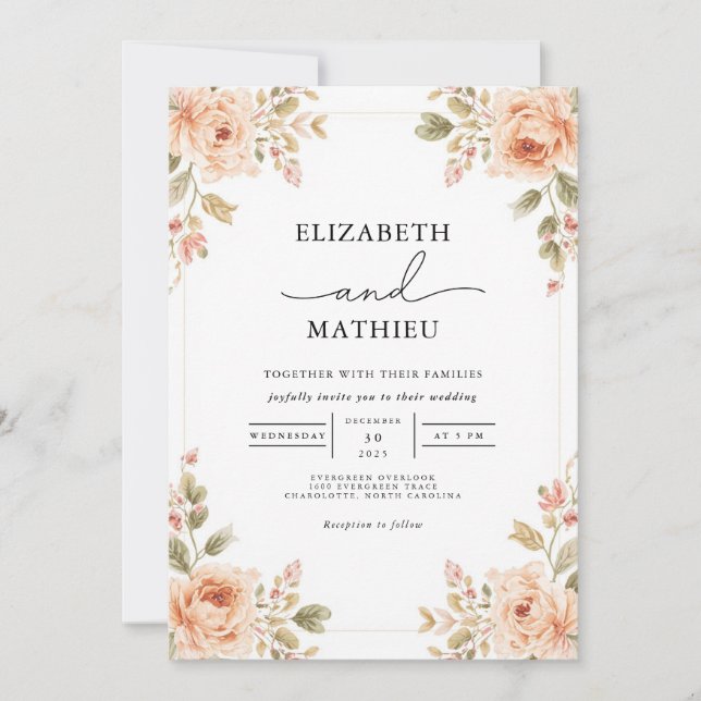 Soft Peach Floral Corner Wedding Invitation (Front)
