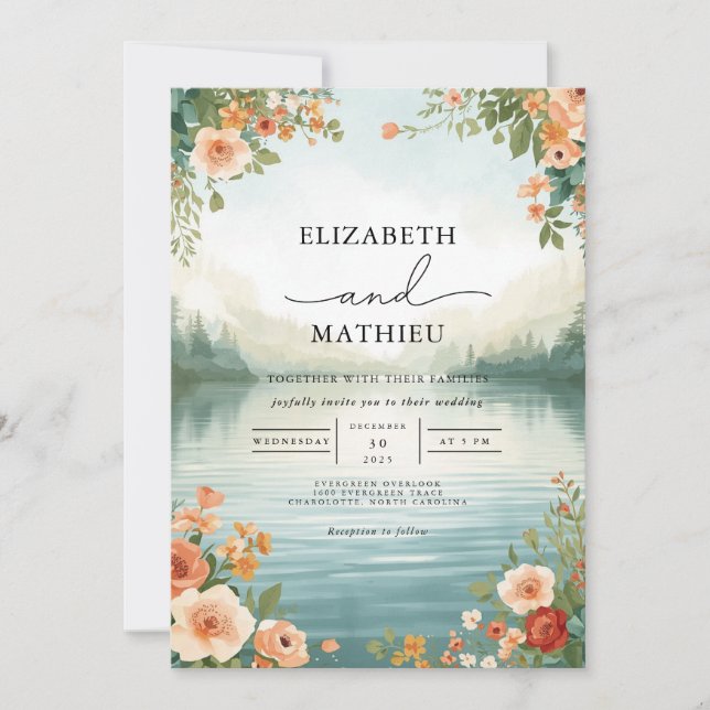 Soft Peach Floral Lakeside Wedding Invitation (Front)