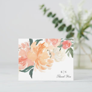 Soft Peach Floral Monogram Wedding Thank You Postcard