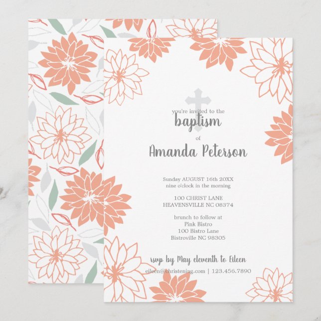 Soft Peach Floral Pattern Cross Girl Baptism Invitation (Front/Back)