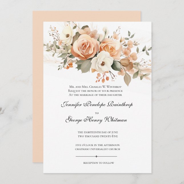 Soft Peach Floral Wedding Invitation (Front/Back)