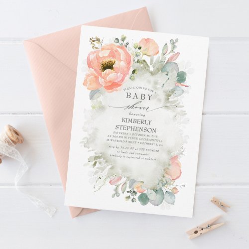 Soft Peach Flowers Elegant Spring Baby Shower Invitation