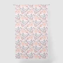 Soft Peach Flowers & Grey Birds Patterned Curtain