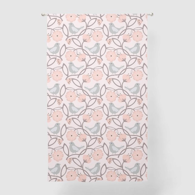 Soft Peach Flowers & Grey Birds Patterned Curtain (Front)