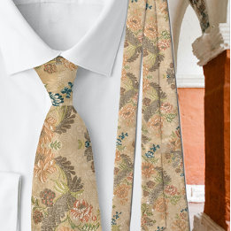 Soft Peach Flowers Olive Leaves Neck Tie