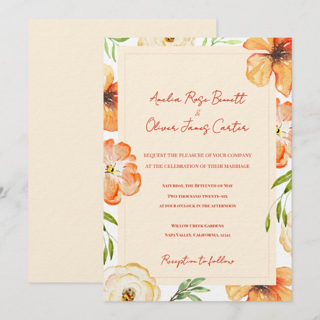 Soft Peach Garden Meadow Floral Wedding Invitation (Front/Back)