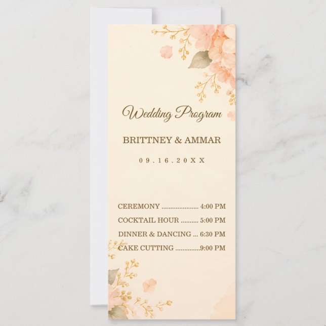 Soft Peach & Gold Hydrangea Floral Wedding Program (Front)