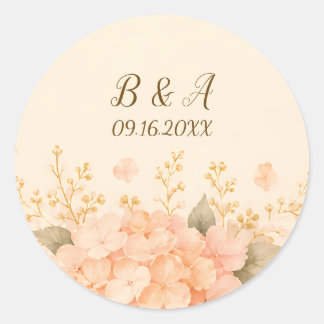 Soft Peach & Gold Hydrangea Floral Wedding Round S Classic Round Sticker