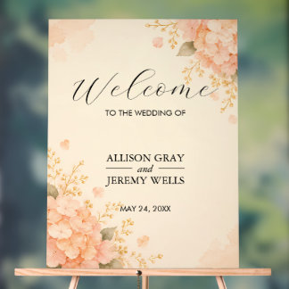 Soft Peach & Gold Hydrangea Floral Wedding Welcome Acrylic Sign