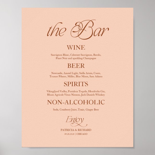 Soft Peach Minimalist "The Bar" Wedding Menu Sign (Front)