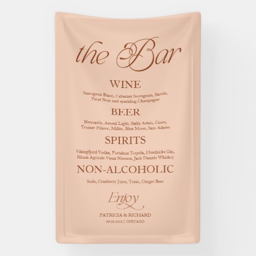 Soft Peach Minimalist "The Bar" Wedding Menu Sign
