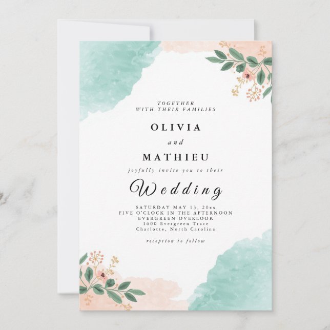 Soft Peach Mint Botanical Wedding Invitation (Front)