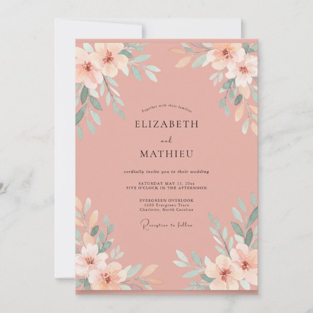 Soft Peach Mint Leaf Wedding Invitation (Front)