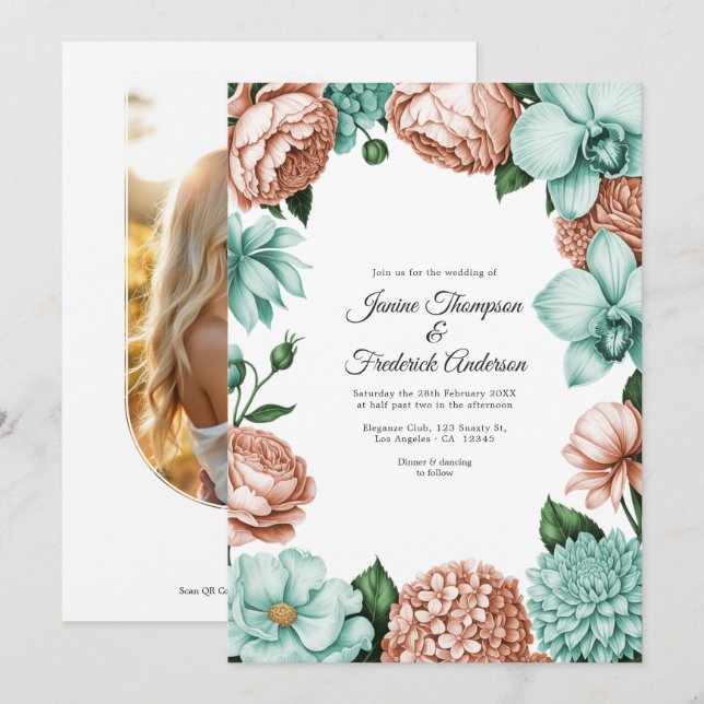 Soft Peach & Mint Watercolor Floral Wedding Invitation (Front/Back)