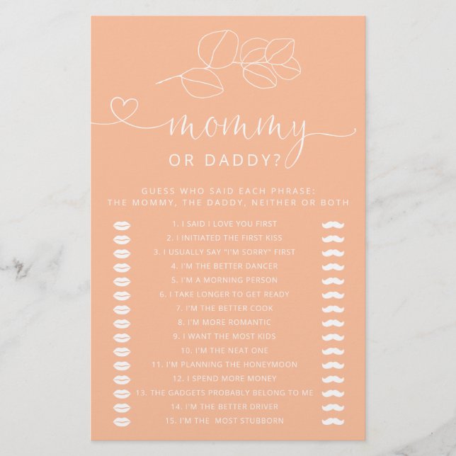 Soft Peach Modern Baby Shower Mommy or Daddy Game (Front)