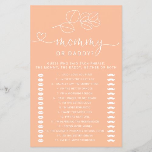 Soft Peach Modern Baby Shower Mommy or Daddy Game