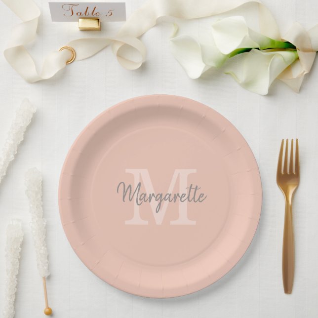 Soft Peach Name and Initial Monogram  Paper Plates (Wedding)