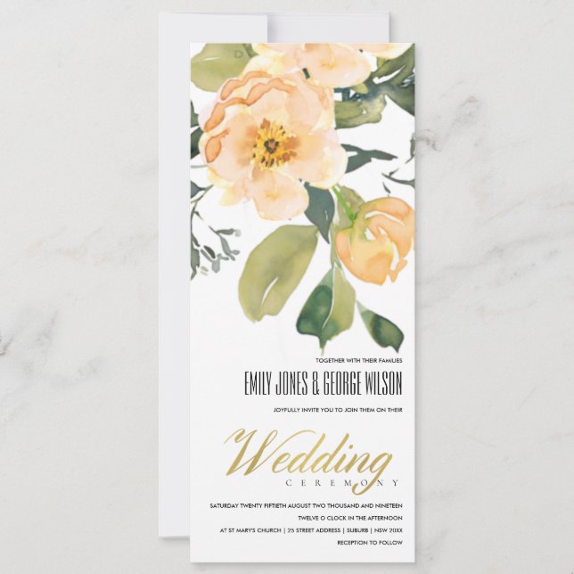 SOFT PEACH PEONY FLORAL BUNCH WATERCOLOR WEDDING INVITATION (Front)