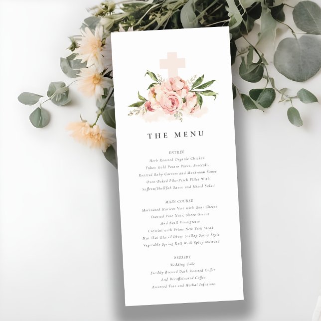 Soft Peach Peony Floral Cross Baptism Menu Card (Creator Uploaded)