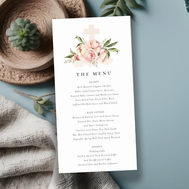 Soft Peach Peony Floral Cross Baptism Menu Card (Creator Uploaded)