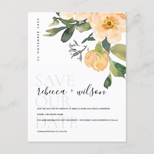 SOFT PEACH PEONY FLORAL WATERCOLOR SAVE THE DATE ANNOUNCEMENT POSTCARD