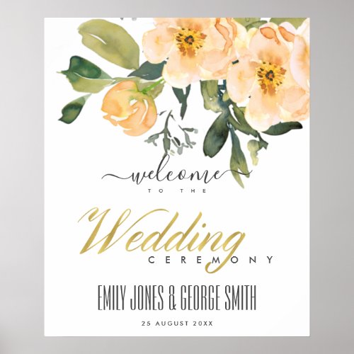 SOFT PEACH PEONY FLORAL WATERCOLOR WEDDING WELCOME POSTER