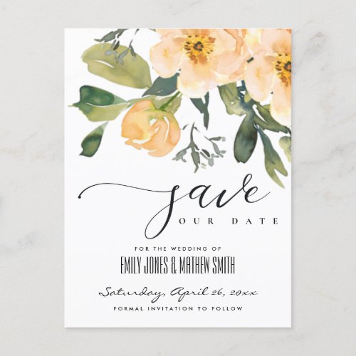 SOFT PEACH PEONY WATERCOLOR FLORAL SAVE THE DATE ANNOUNCEMENT POSTCARD