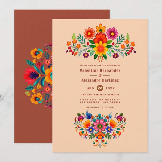 Soft Peach & Red Clay Folk Art Fiesta Wedding Invitation (Front/Back)