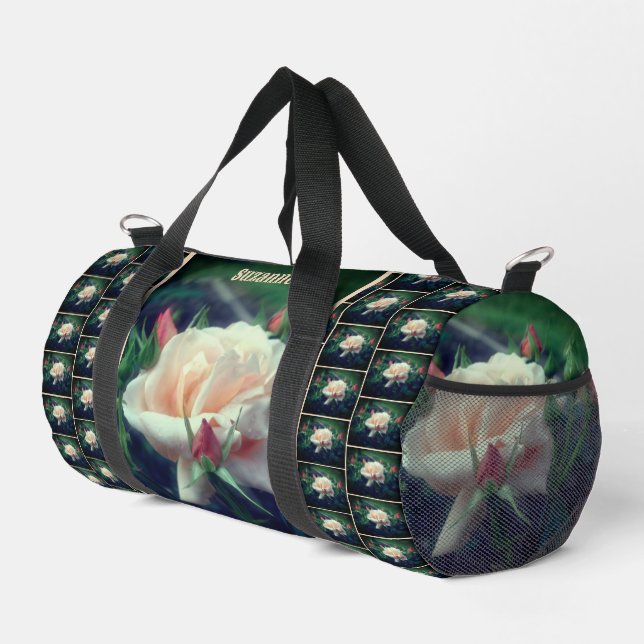 Soft Peach Rose Flower Nature Personalized Duffle Bag (Right Corner)