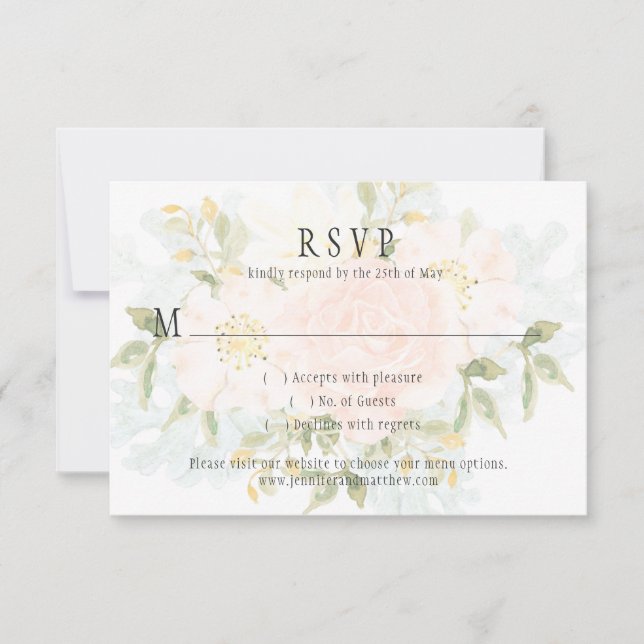 Soft Peach Roses and Matching Greenery RSVP Card (Front)