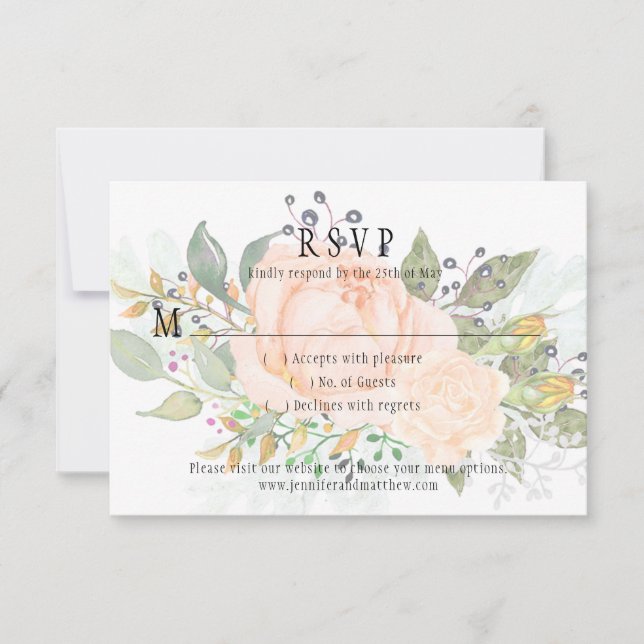 Soft Peach Roses Yellow Rosebuds Greenery RSVP (Front)