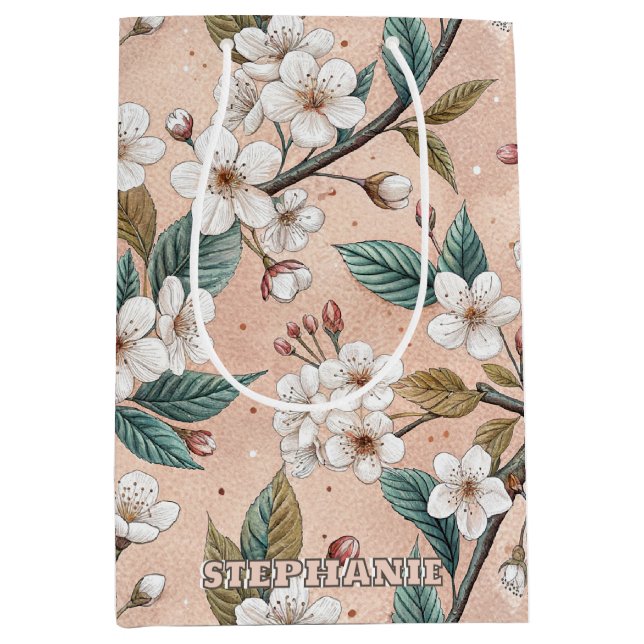 Soft Peach Sakura Branch Botanical Pattern Medium Gift Bag (Front)