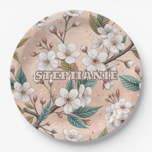 Soft Peach Sakura Branch Botanical Pattern Paper Plates