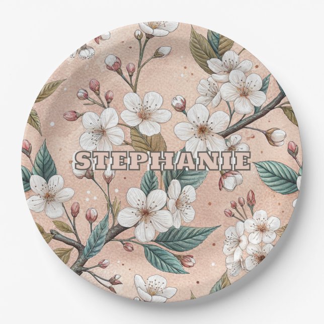 Soft Peach Sakura Branch Botanical Pattern Paper Plates (Front)
