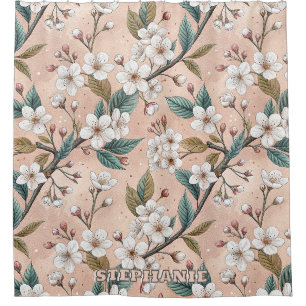 Soft Peach Sakura Branch Botanical Pattern Shower Curtain