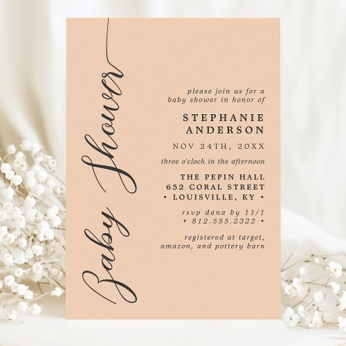 Soft Peach Simple Modern Script Baby Shower Invitation