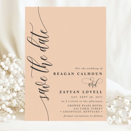 Soft Peach Simple Modern Script Save The Date