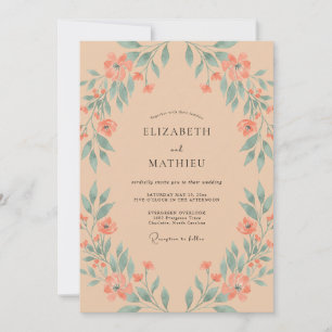Soft Peach Teal Leafy Wedding Invitation