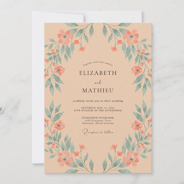 Soft Peach Teal Leafy Wedding Invitation (Front)