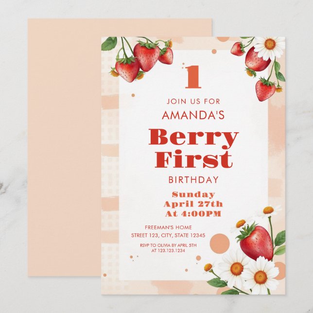 Soft Peach Tones Strawberries Daisy 1st Birthday Invitation (Front/Back)