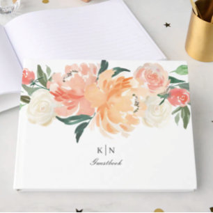 Soft Peach Watercolor Floral Monogram Wedding Guest Book