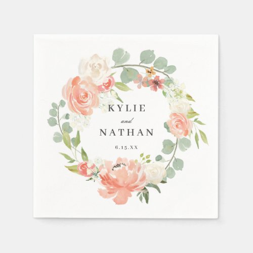 Soft Peach Watercolor Floral Wedding Reception Napkins