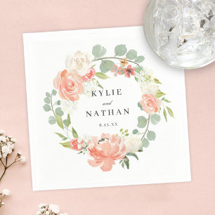 Soft Peach Watercolor Floral Wedding Reception Napkins