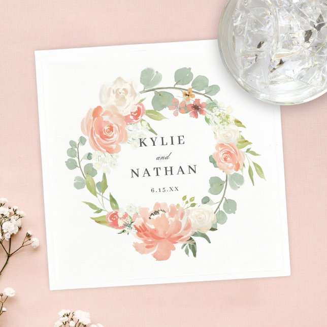 Soft Peach Watercolor Floral Wedding Reception Napkins (Creator Uploaded)