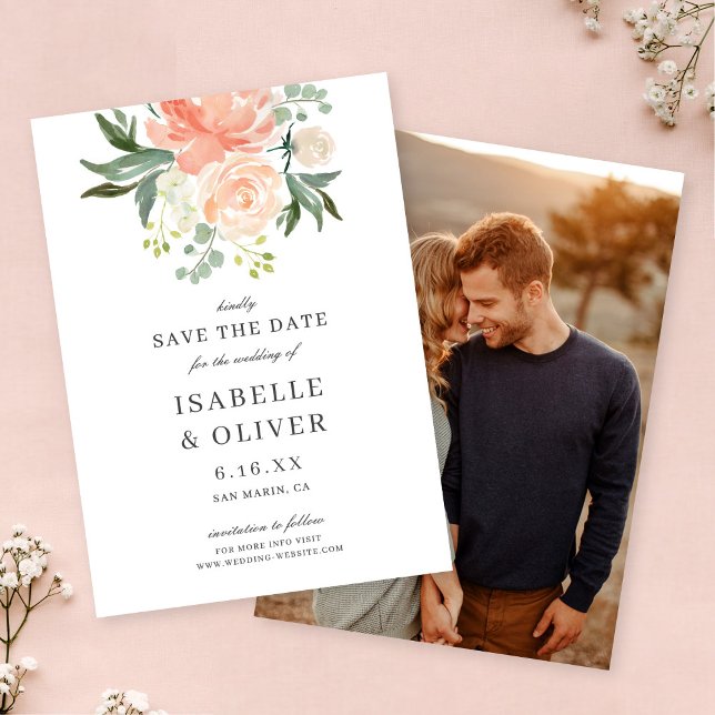 Soft Peach Watercolor Floral Wedding Save The Date (Creator Uploaded)