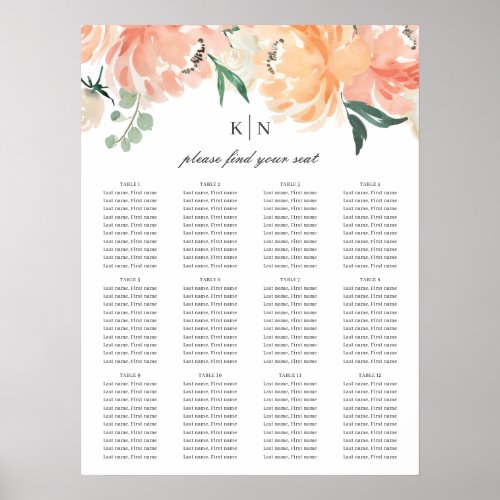 Soft Peach Watercolor Floral Wedding Seating Chart